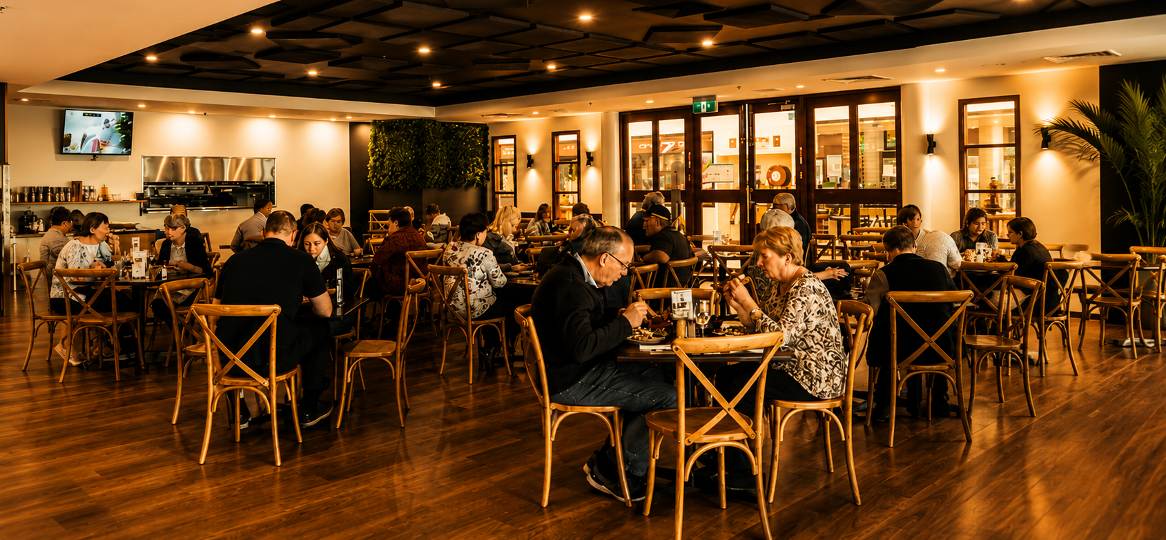 Warmly lit dining room at Caffè Buongiorno with guests at timber tables